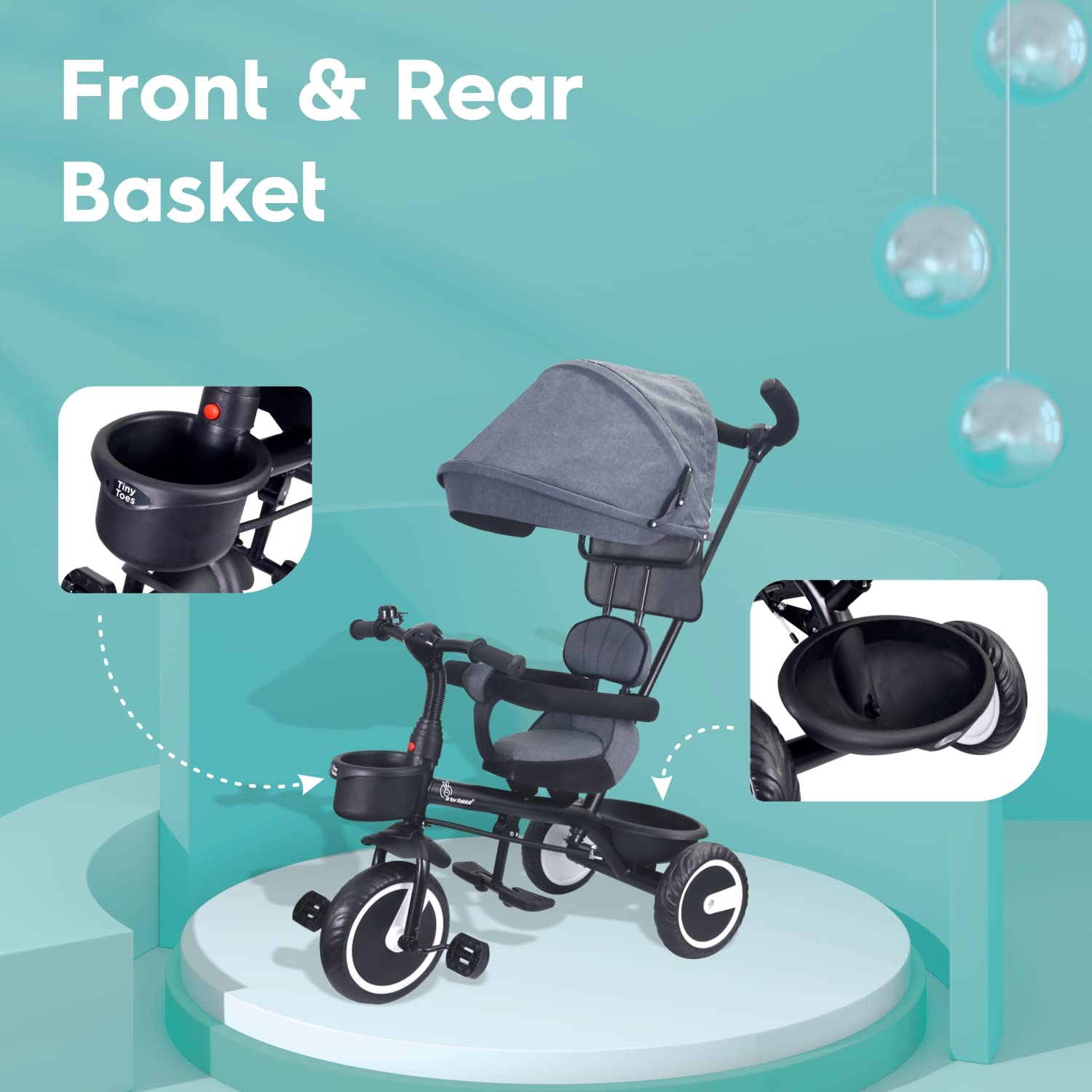 Navy blue and black kids' tricycle on a white pedestal, featuring a large sun canopy, parent handle, and front basket. www.usmile.toys